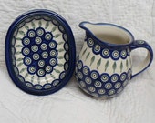 Blue Pitcher and Basin - Boleslawiec Pottery Circles and Leaves Blue and Red Design