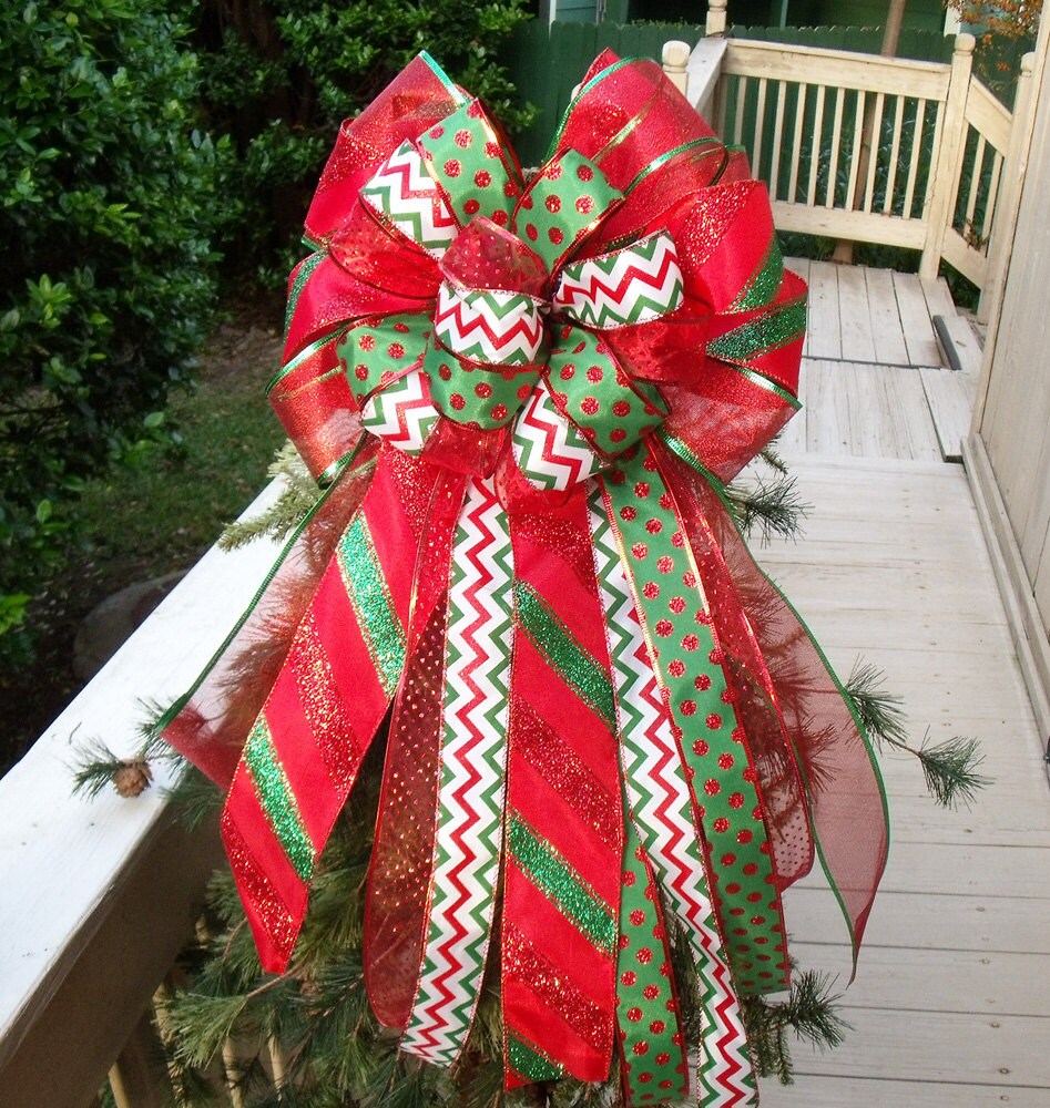Christmas Bow Tree Topper, Bow Topper, Wreath Bows, Red Green and White Christmas Bow, Topper Bow