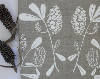 Linen Tea Towel Screen Printed Linen Tea Towel Hand Printed White&Natural Australian Banksia