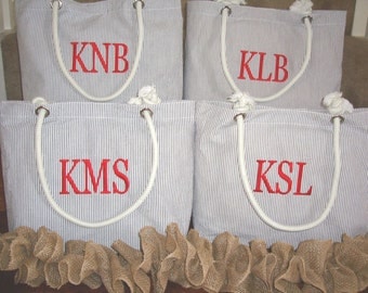 Personalized Bridesmaid Gift **SALE** Monogrammed Bridesmaid Tote or Beach Bag in Gray Seersucker or Chevron Embroidered Bridesmaids Gifts