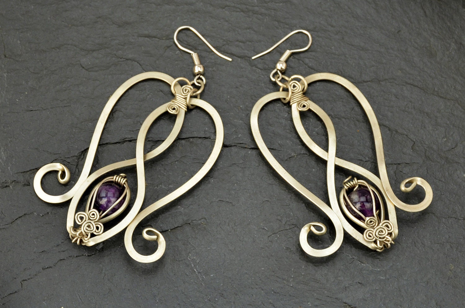 Art Nouveau Amethyst Earrings Dangle Earrings Wire Wrap