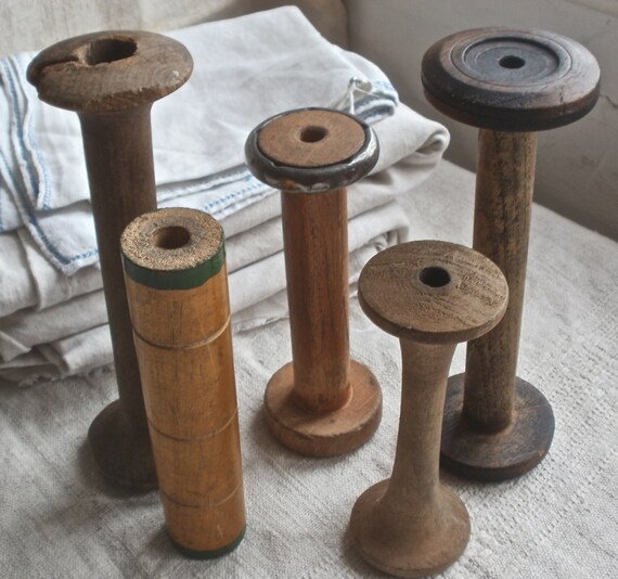 5pc Industrial Vintage Bobbins Wooden Textile Spools Rustic