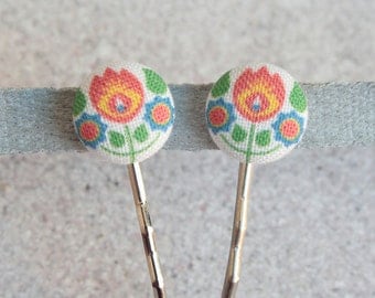 Bohemian, Fabric Covered Button Bobby Pin Pair