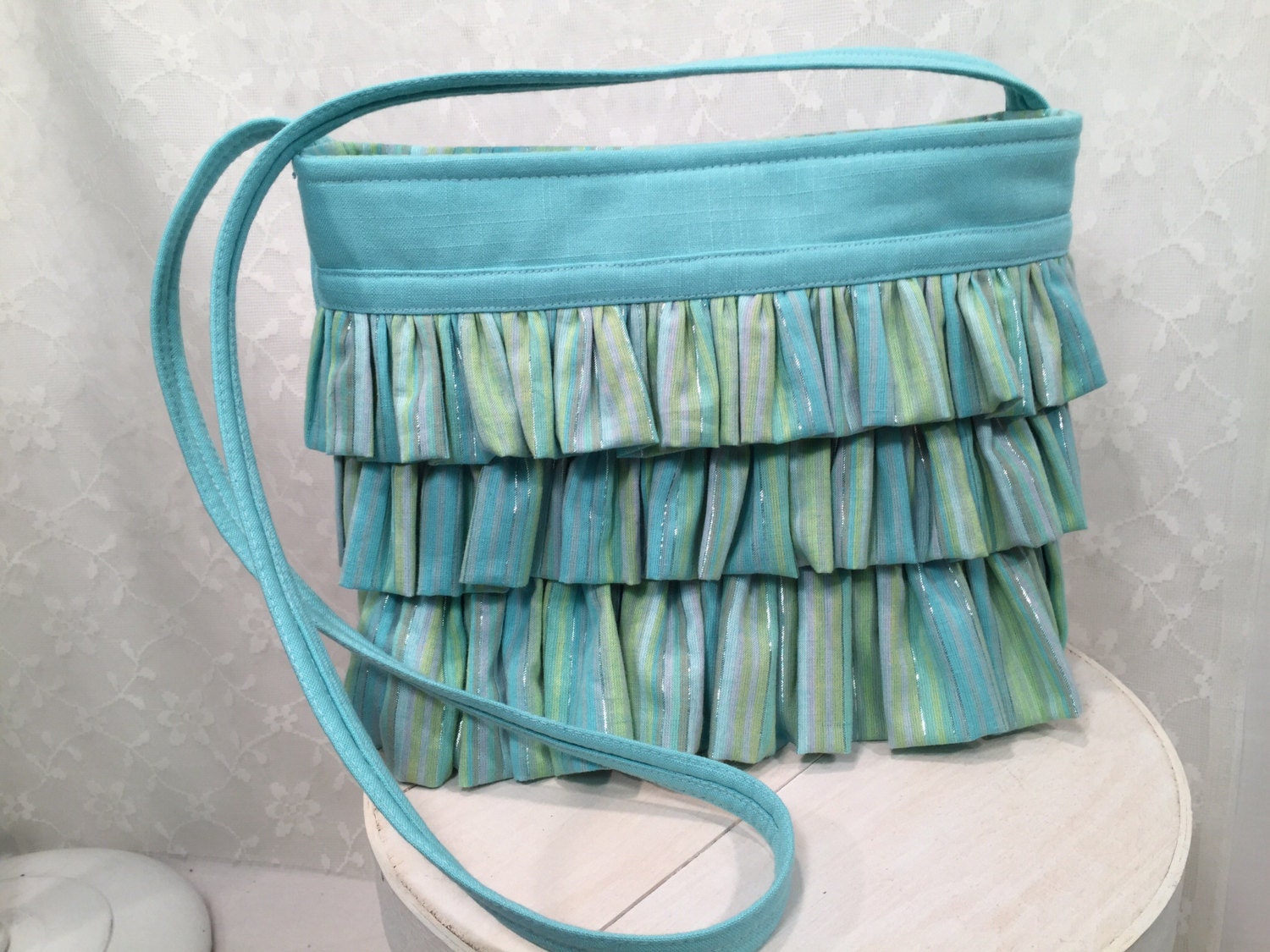 Turquoise Aqua green lime Shoulder Bag layered ruffles by LizBagz