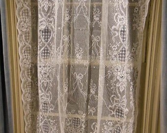 1 Pair of Vintage Pure White All Cotton Lace Curtain Panels
