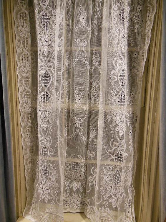 1 Pair of Vintage Pure White All Cotton Lace Curtain Panels