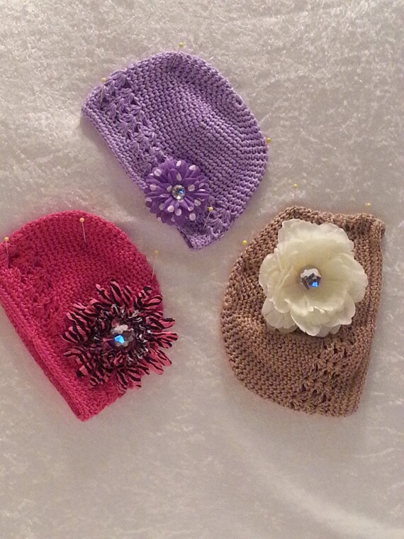 Items similar to Infant Girl's Crochet Knit Hat With Floral Rhinestone