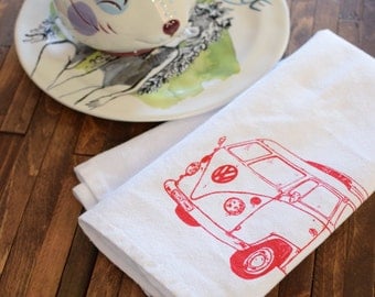 Cloth Napkins - Eco Friendly Dinner Napkins - Screen Printed Cotton Cloth Napkins - Reusable Cotton Napkins - VW Bus - Handmade
