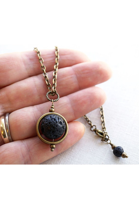 Full Moon Necklace Planet Pendant Black Lava Stone Necklace Essential Oil Diffuser Necklace Captain Nemo Boho Unisex Steampunk Bronze Chain by KapKaDesign steampunk buy now online