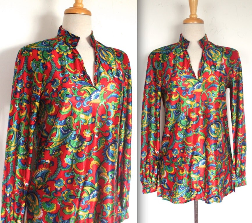 Vintage 1960s Blouse // 60s 70s Psychedelic Paisley Floral