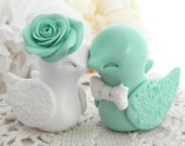 Wedding Cake Topper, Love Birds, Mint Green and White, Bride and Groom Keepsake