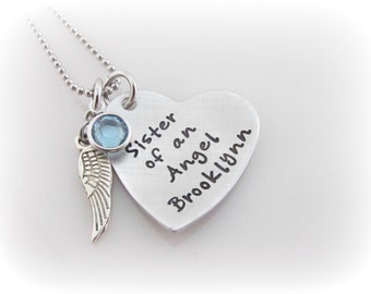 Sister Of An Angel Necklace Personalized Memorial Remembrance Sympathy Jewelry Loss of Sister or Brother Custom Name Angel Wing Birthstone