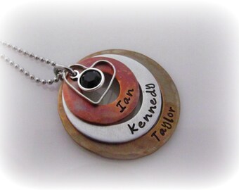 Personalized Mom Necklace Unique Mommy Jewelry 3 Stacked Hammered Mixed Metal Washers Circle Necklace Hand Stamped Mom Jewelry Gift For Mom