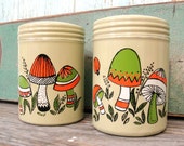 Mid Century Tin Salt & Pepper Shakers with Toadstool or Mushroom Details, Large Shaker Set in Orange Green Cream and White