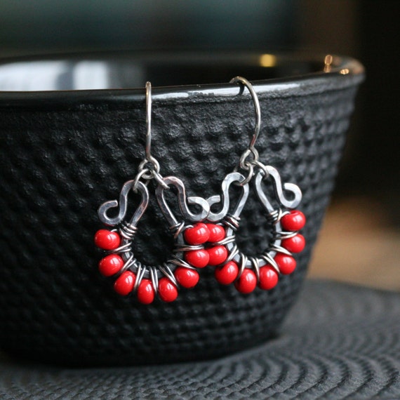 Handmade red beaded earrings Czech glass beads dark oxidized