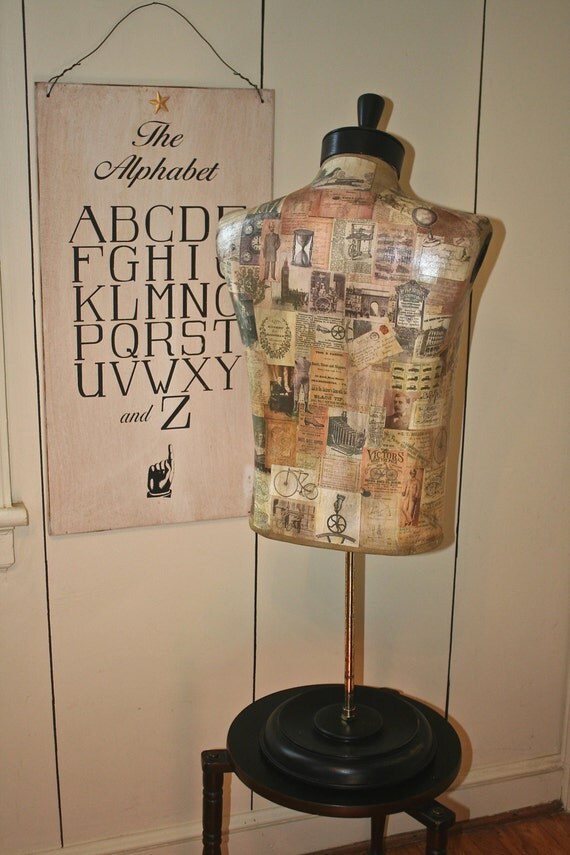 Vintage Male Dress Form Mannequin Table Top Decoupaged Painted