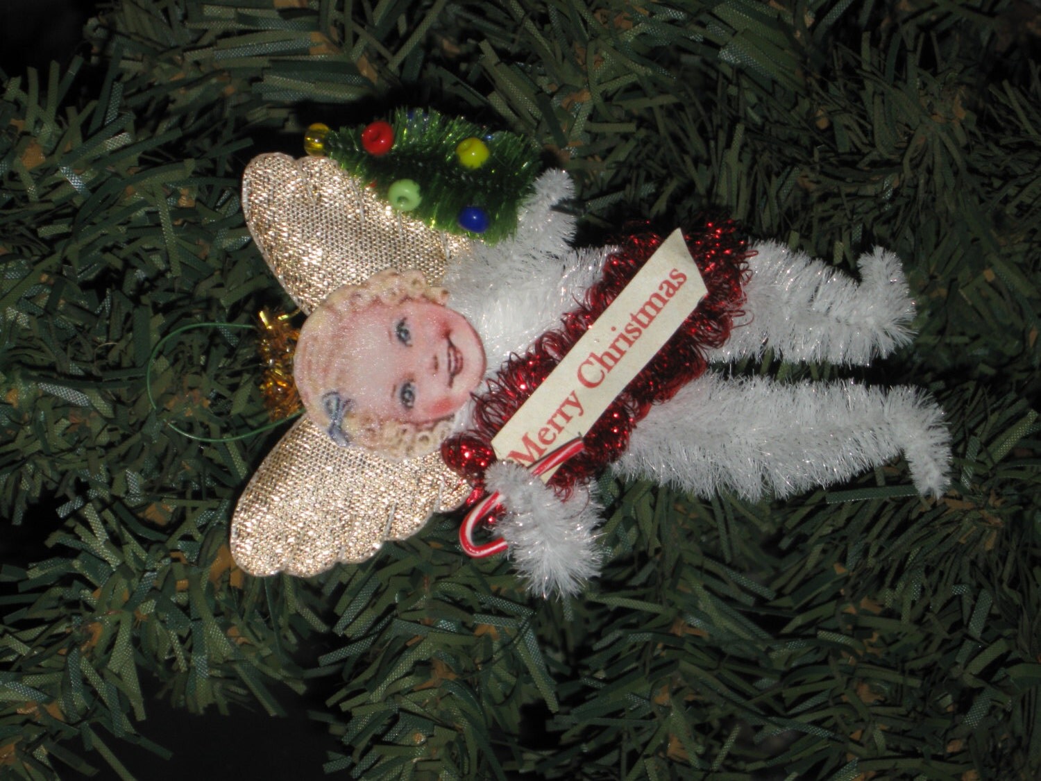 Vintage style Old Stock Chenille and cardstock ANGEL with tree Christmas Ornament