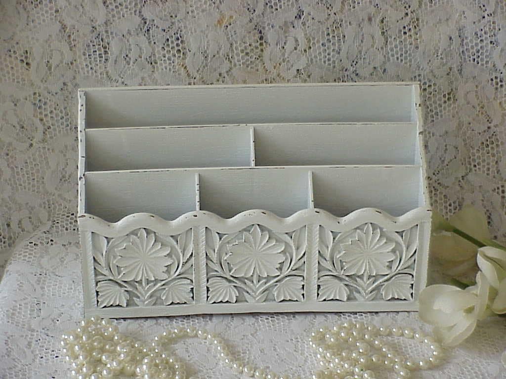Vintage Shabby Painted Chippy Carved Faux Wood Desk Organizer Lerner