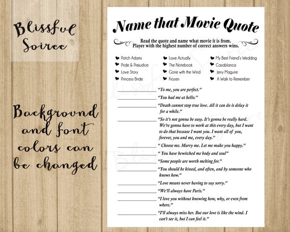 Bridal Shower Game / Name that Movie Love Quote / Romantic Movie Quote ...