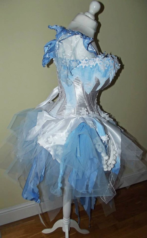 White and blue snowflake frozen frost wedding dress / prom
