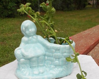 Vintage 1950's Pale Blue Planter / Vase-Girl Sitting at Well-Shabby Cottage Style-Crazing