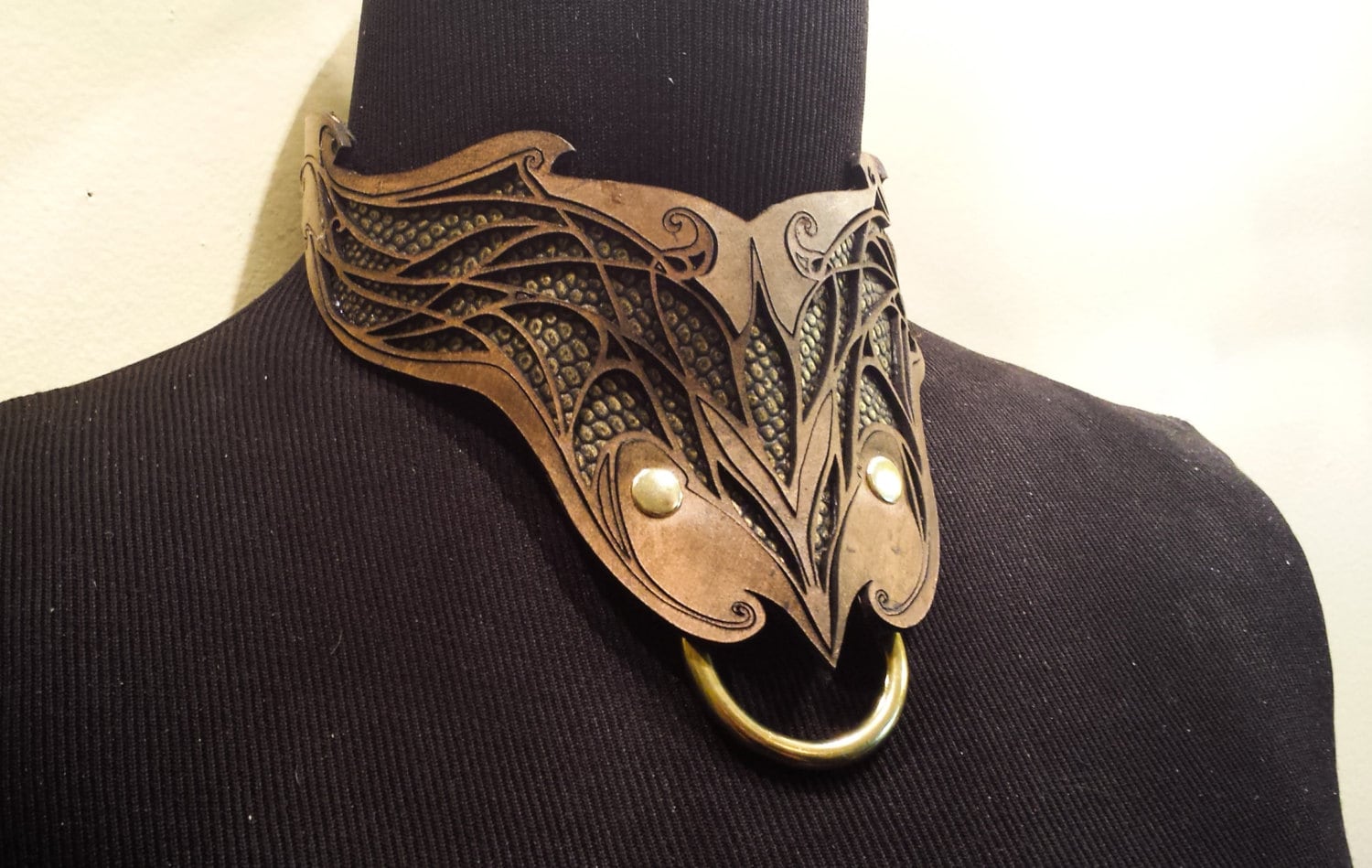 Leather Collar with laser cut design Elven design dragon