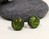 Olive Green Sparkling Dichroic Glass Stud Earrings, Sterling Silver, Fused Jewelry, Handmade in Sweden, Glass Jewelry, Olive Green glass
