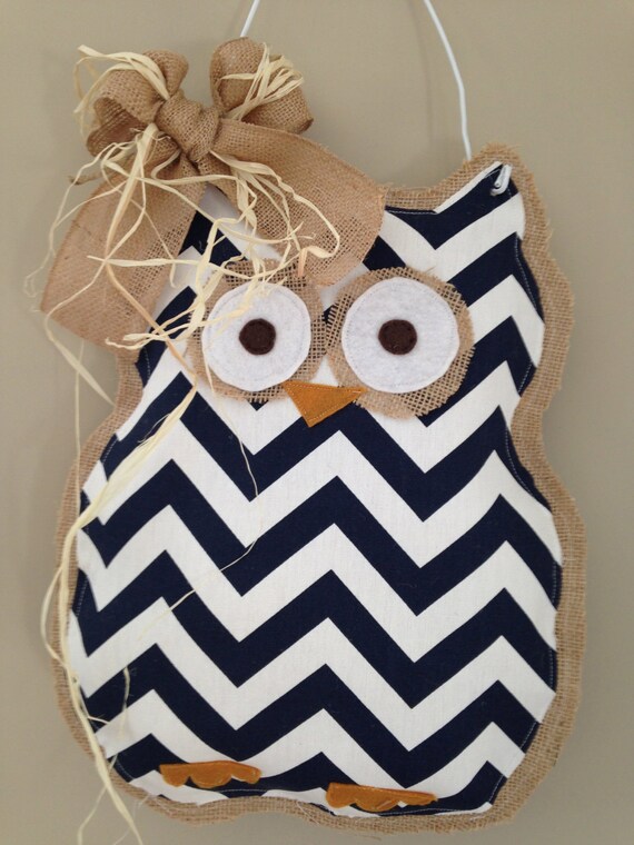 Items similar to Burlap Owl Door Hanger Chevron Fabric on Etsy