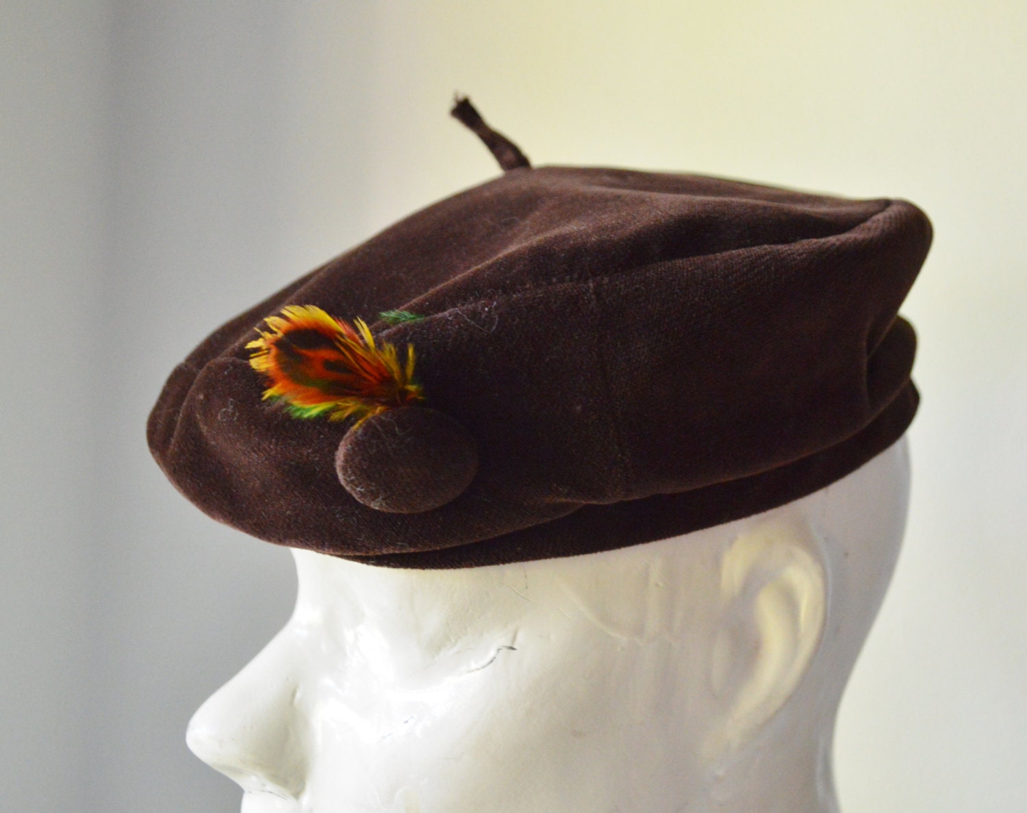 1970s Beret Brown Velvet Beret with Small Colorful Feather and Covered