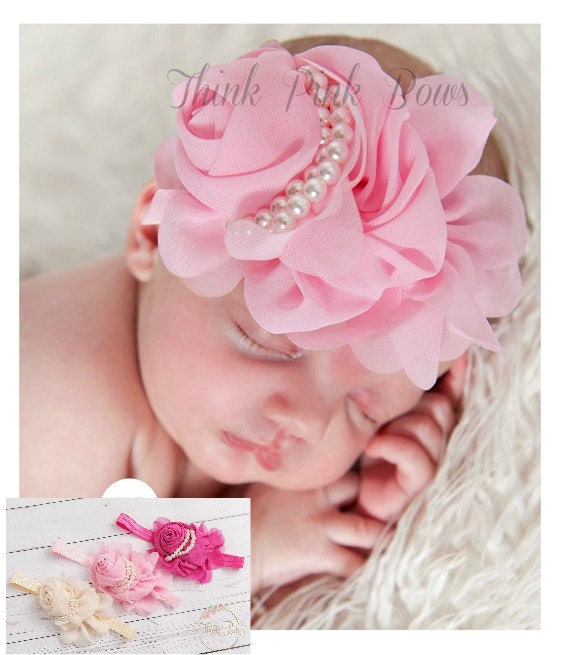 Pink Baby Headbad, Baby Headbands, Pink Headband,Newborn Headband,Girls Headband,Shabby Chic Vintage inspired Headband,Baby girl Headband. by ThinkPinkBows