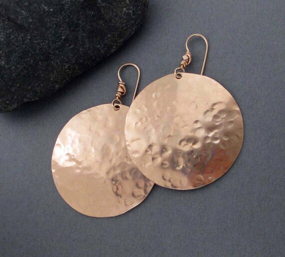 Hammered Bronze Disc Earrings Rose Gold Jewelry by SeventhWillow