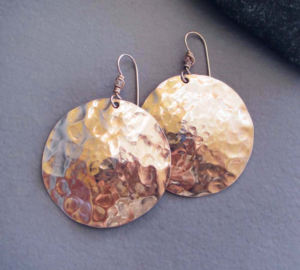 Large Hammered Bronze Disc Earrings Rose Gold by SeventhWillow