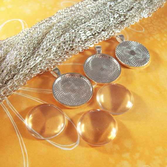 25 Shiny Silver Necklace Kits 25mm Round Pendant Tray