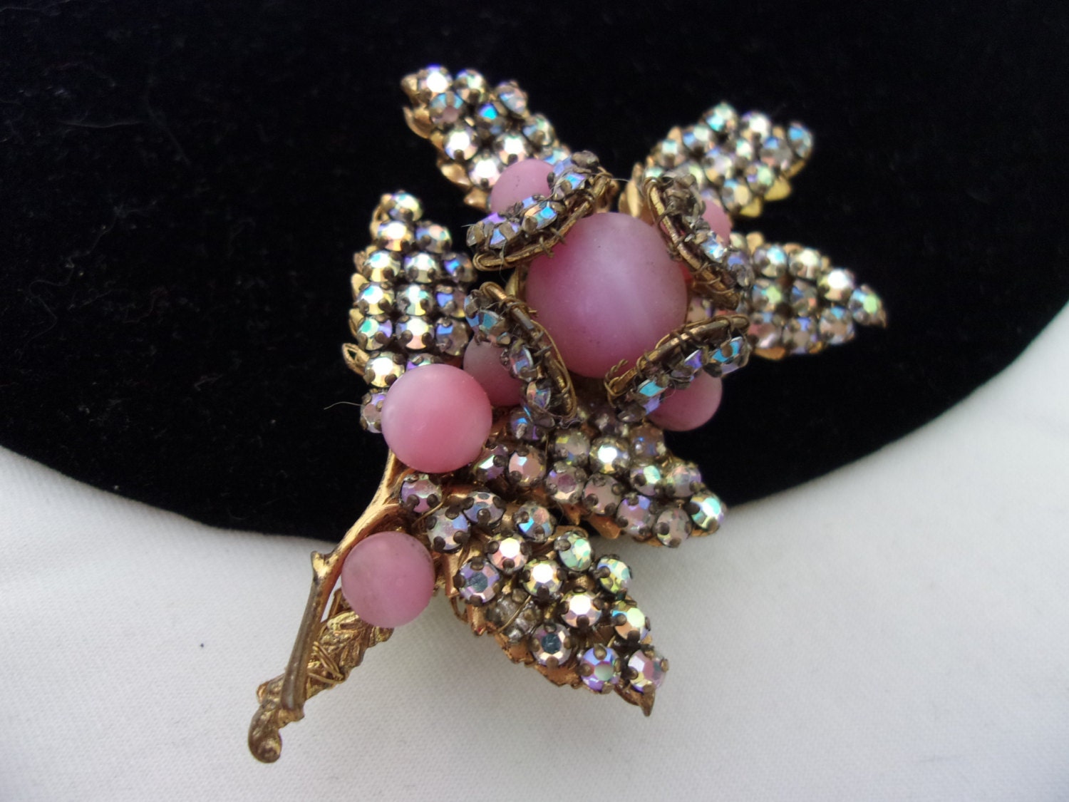 Miriam Haskell Brooch Flower Pin Pink Glass Rhinestone Bead