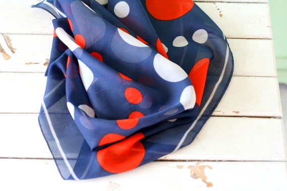 Vintage POLKA DOTS Scarf..red white blue. retro scarf. 1980s