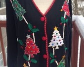 Ugly Christmas Sweater, Xmas tree bedazzled cardigan, Ugly holiday sweater party wear, Fun Teacher holiday party top.