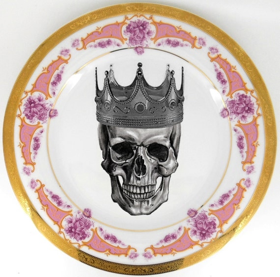 Pink and Gold Skull Plates Steampunk Dishes by AngiolettiDesigns