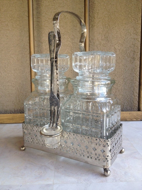 Antique Double Pickle Castor / Glass Cruet Set / Silver Carrier 2995