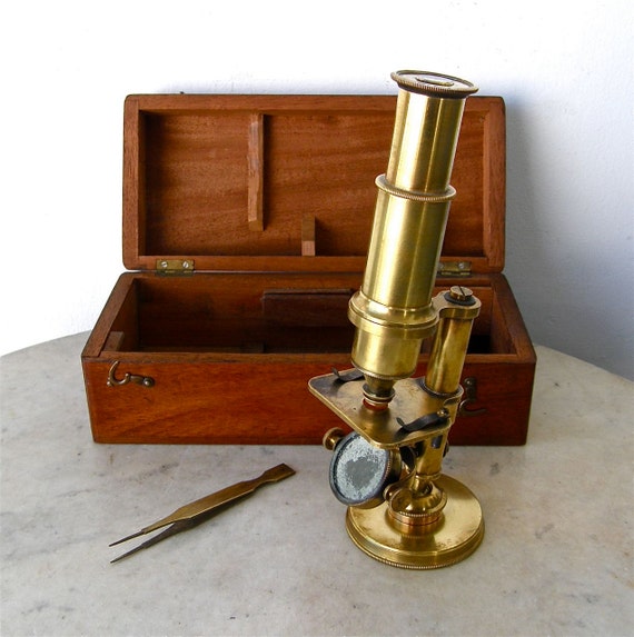 ANTIQUE BRASS MICROSCOPE in Wooden Box Brass by OnceUpnTym