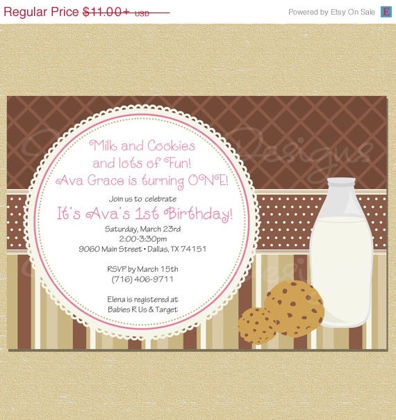 ON SALE Pink Cookies & Milk Birthday Invitation Il_570xn