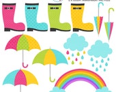 Rainy Days Clipart Set - clip art set of umbrellas, boots, clouds, rain, april shower - personal use, small commercial use, instant download