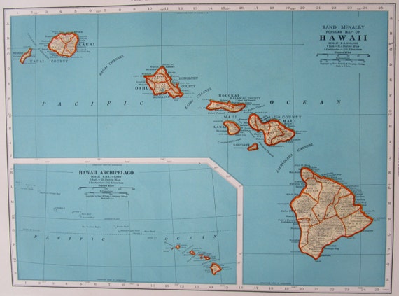 1942 HAWAII Map. WWII Era Vintage Original 1940s. Stunning