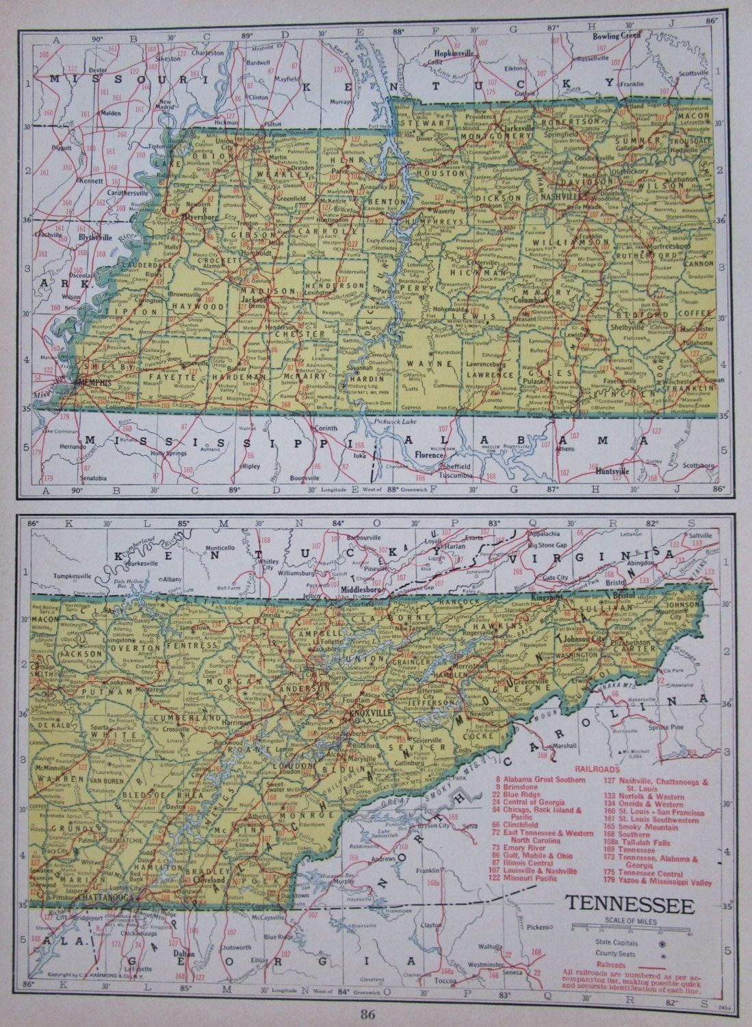 1945 TENNESSEE Railroad Map. Nashville by OriginalAntiqueMaps