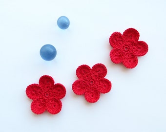 Crochet Flower Appliques, GIANT Flower, Red Hot Large Crochet Flower Motif, PALM SIZED Bloom, Set of 3,