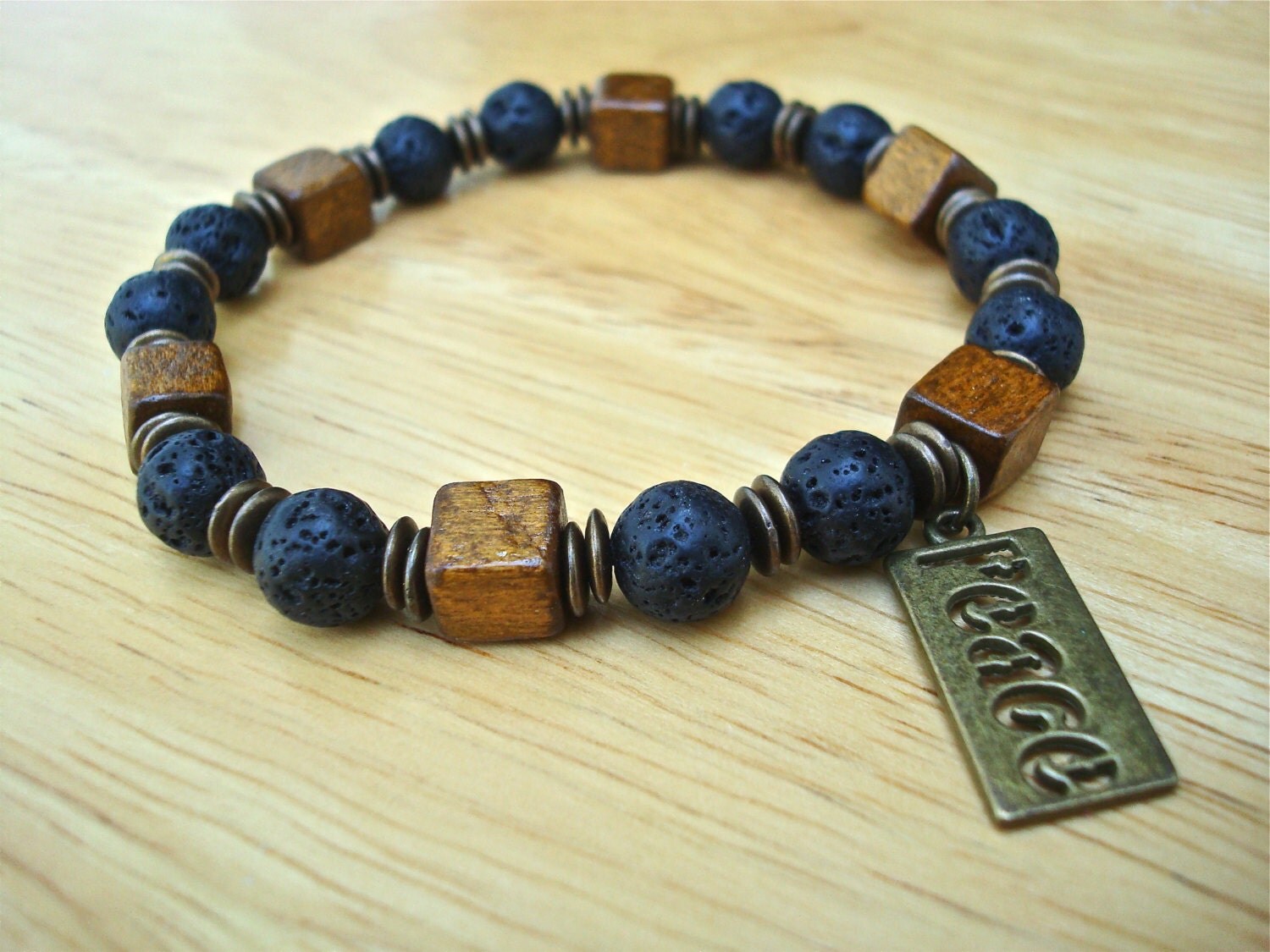 Men's Courage and Peace Bracelet with Black Lava Wood
