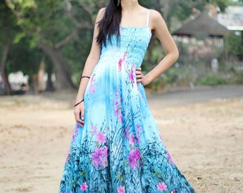 Blue Floral Maxi Dress Chiffon Sundress Women Plus Size Dress Clothing Cute Dress Fancy Hanky Dress Full Length Long Hawaiian Dress Summer