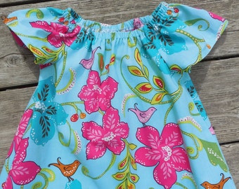 Girl's Toddlers Aqua and Pink Floral Peasant Dress