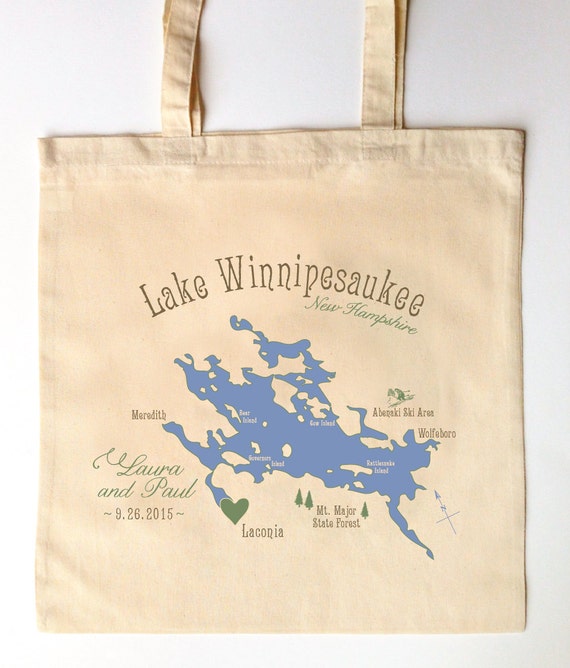Custom Printed Wedding Guest Canvas Tote Bags - Lake Winnipesaukee New ...
