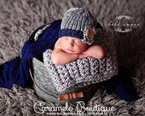Items similar to Baby Boy Knit Hat with Button-Knit Newborn Hat with ...