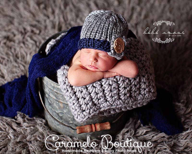 Baby Boy Knit Hat with ButtonKnit Newborn Hat with